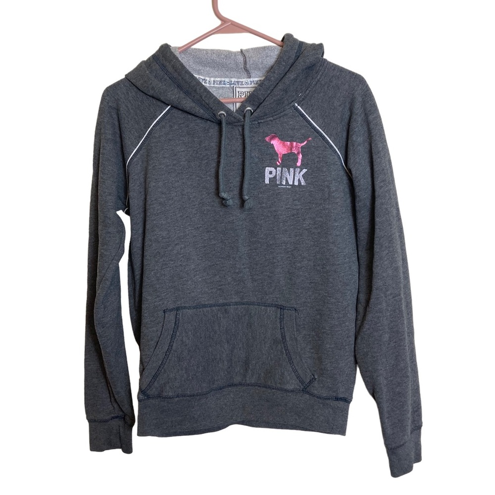 Victoria’s Secret Grey and Pink PINK Hoodie VS Metallic Pink Accents